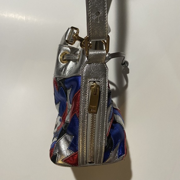 SAINT LAURENT BUCKET BAG PURSE New YSL Yves SILVER RED BLUE LEATHER CROSSBODY - Picture 3 of 11